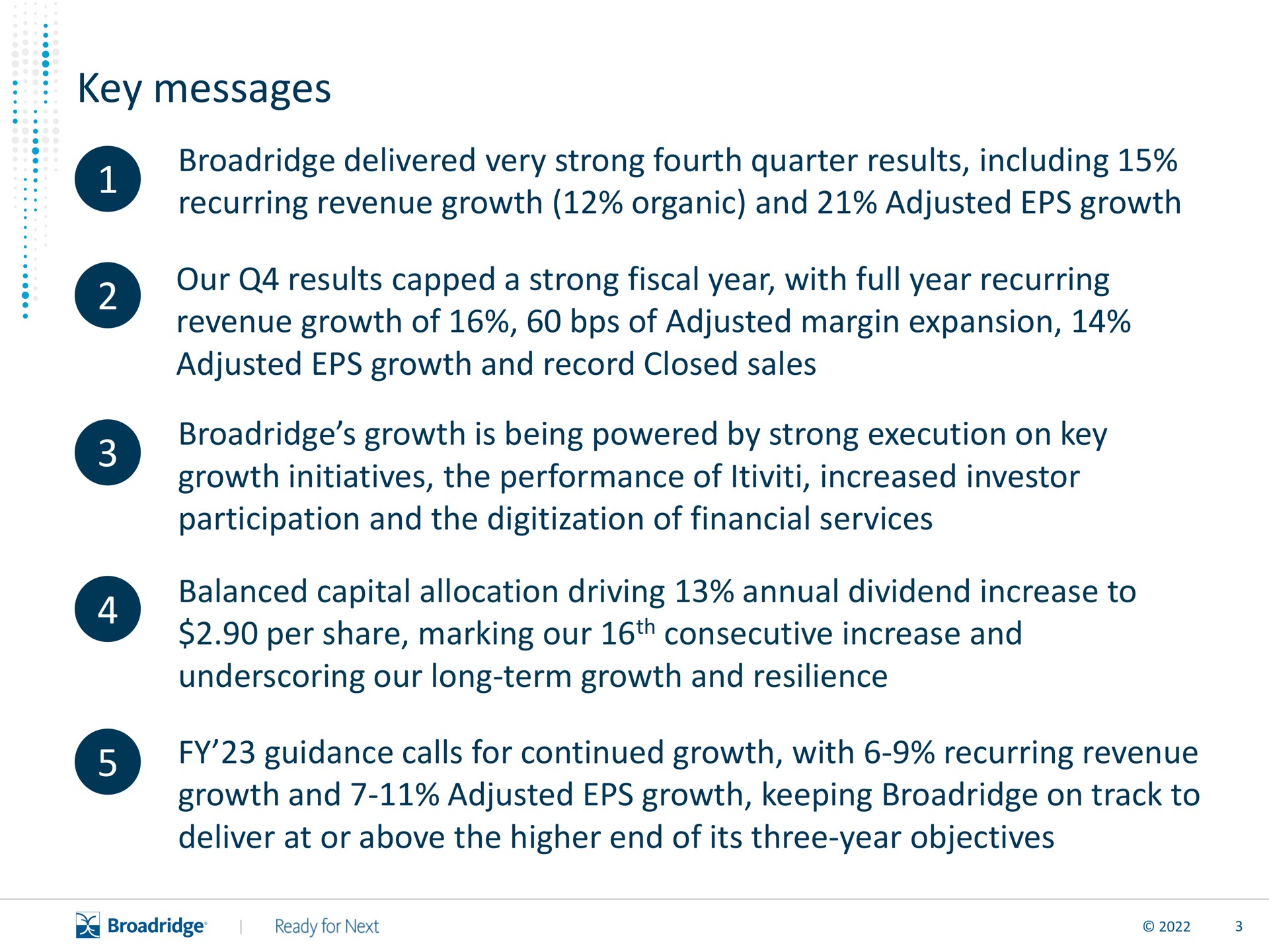 key messages delivered very strong fourth quarter results including recurring revenue growth organic and adjusted growth our results capped a strong fiscal year with full year recurring revenue growth of of adjusted margin expansion adjusted growth and record closed sales growth is being powered by strong execution on key growth initiatives the performance of increased investor participation and the of financial services balanced capital allocation driving annual dividend increase to per share marking our consecutive increase and underscoring our long term growth and resilience guidance calls for continued growth with recurring revenue growth and adjusted growth keeping on track to deliver at or above the higher end of its three year objectives | Broadridge Financial Solutions