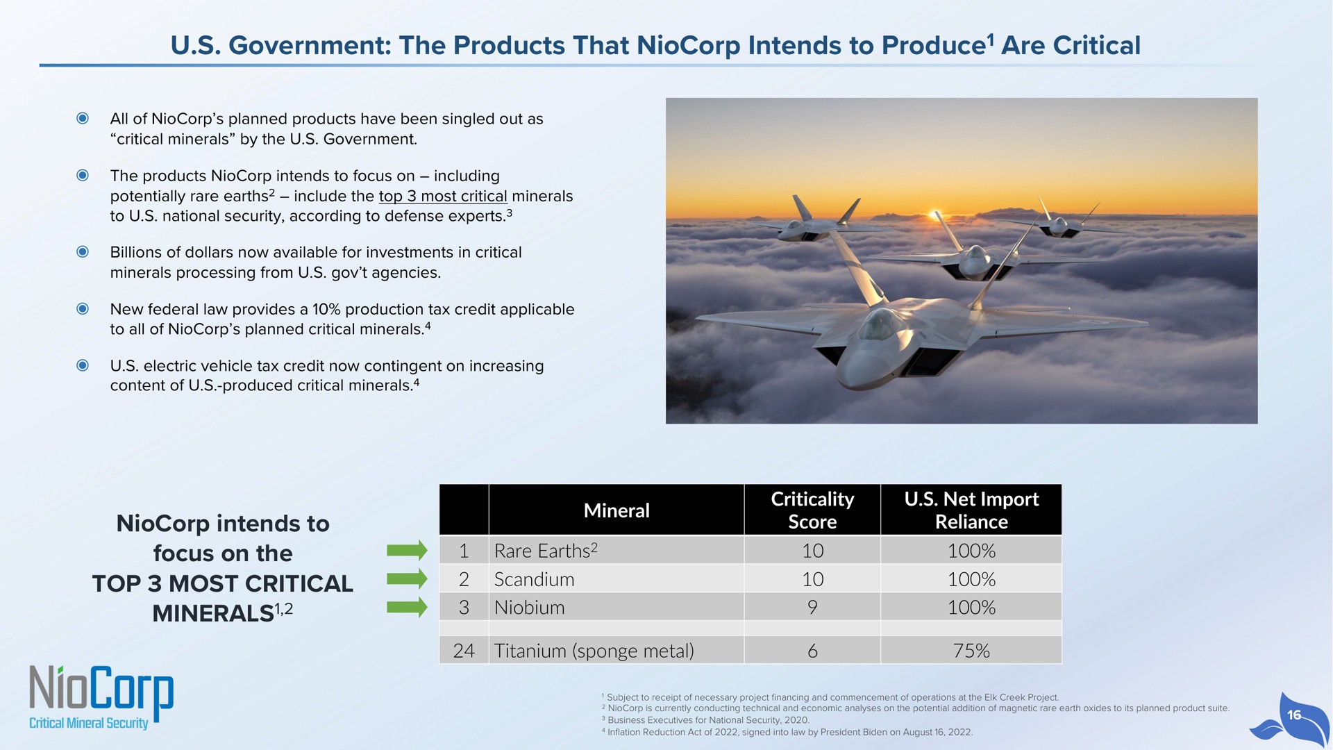 government the products that intends to produce are critical intends to focus on the top most critical minerals produce minerals am rare earths scandium niobium bile one i | NioCorp