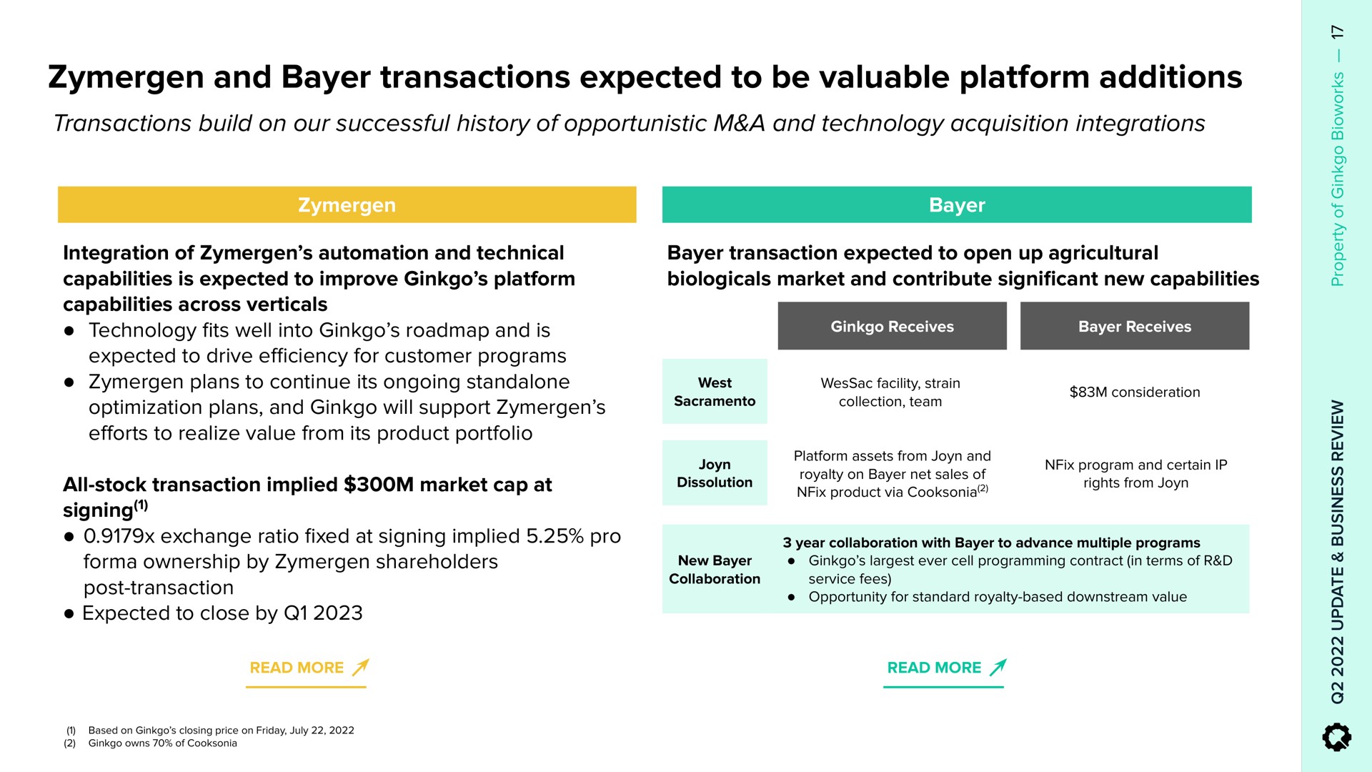 and transactions expected to be valuable platform additions | Ginkgo
