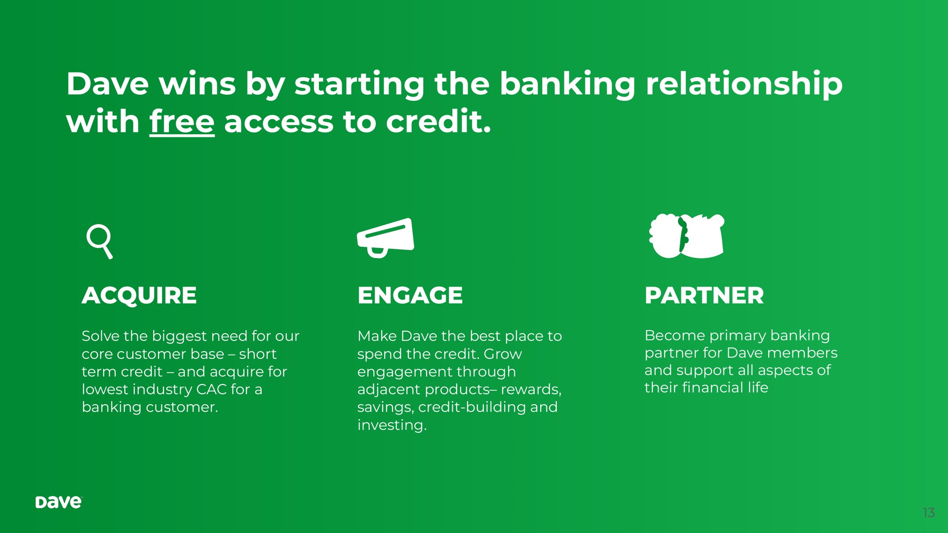 wins by starting the banking relationship with free access to credit acquire engage partner | Dave