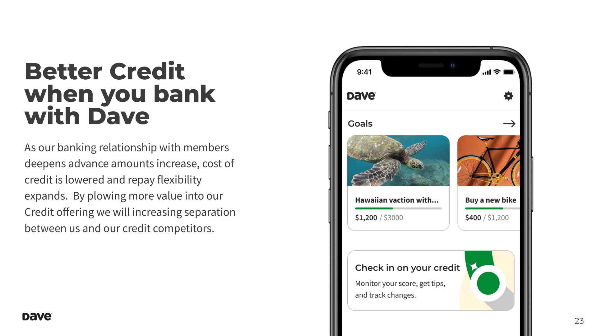 better credit when you bank with as our banking relationship with members deepens advance amounts increase cost of credit is lowered and repay flexibility expands by plowing more value into our credit we will increasing separation between us and our credit competitors | Dave
