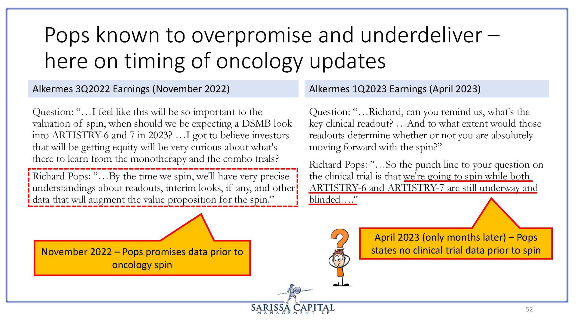 pops known to overpromise and here on timing of oncology updates | Sarissa Capital