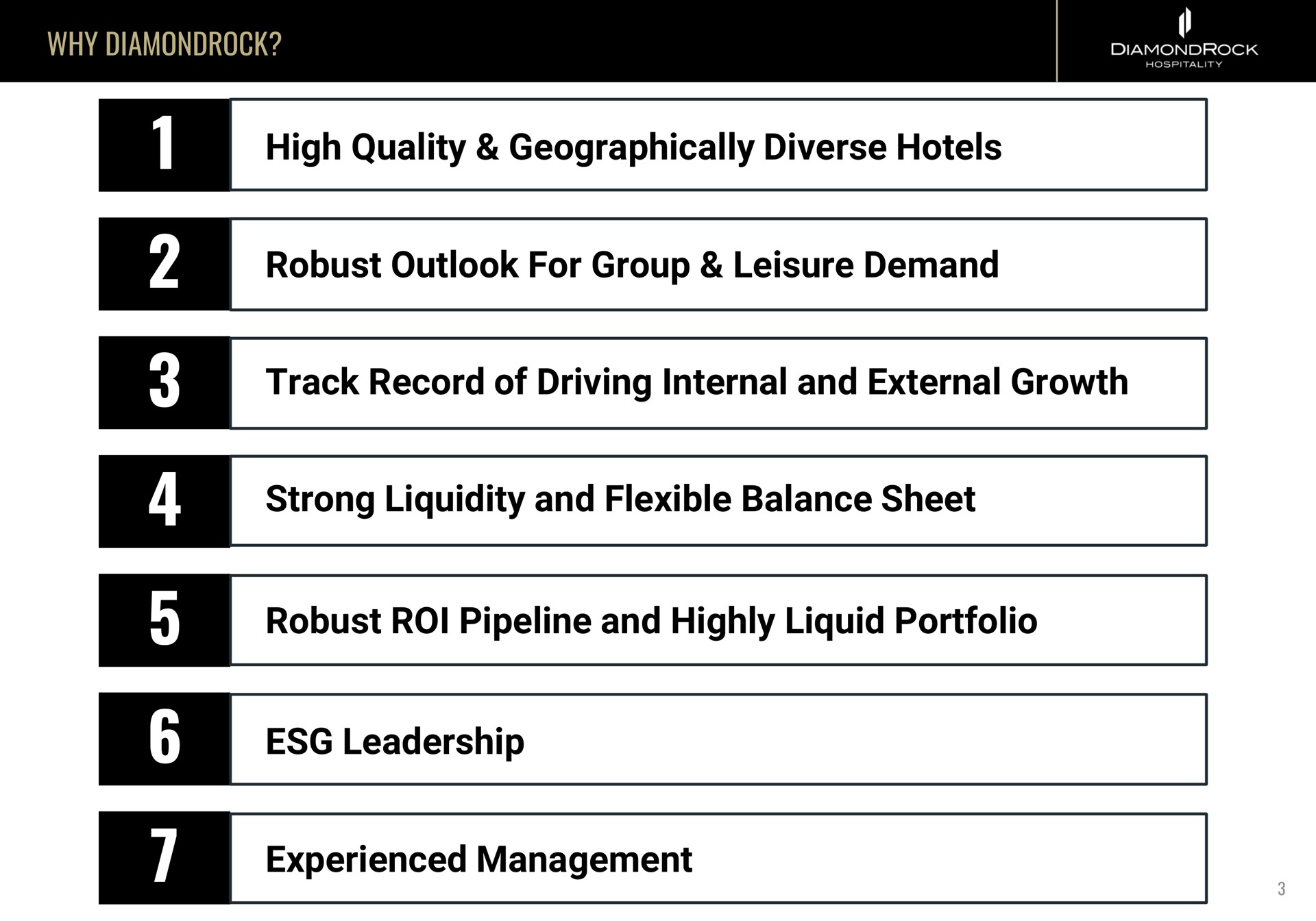 why high quality geographically diverse hotels robust outlook for group leisure demand track record of driving internal and external growth strong liquidity and flexible balance sheet robust roi pipeline and highly liquid portfolio leadership experienced management on cole rock i | DiamondRock Hospitality