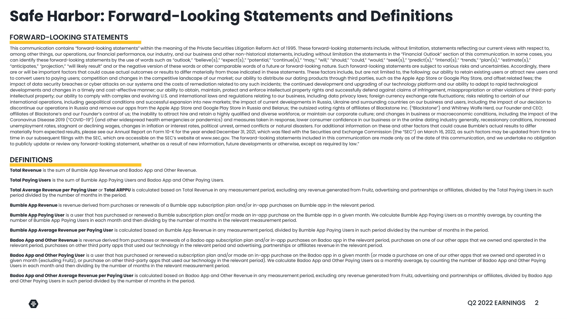 safe harbor forward looking statements and definitions | Bumble