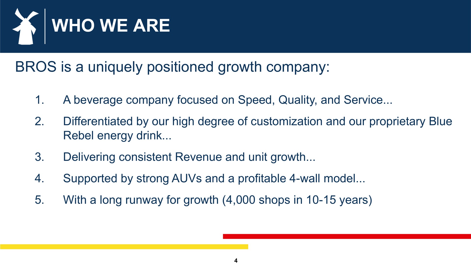 who we are is a uniquely positioned growth company a beverage company focused on speed quality and service differentiated by our high degree of and our proprietary blue rebel energy drink delivering consistent revenue and unit growth supported by strong and a profitable wall model with a long runway for growth shops in years | Dutch Bros