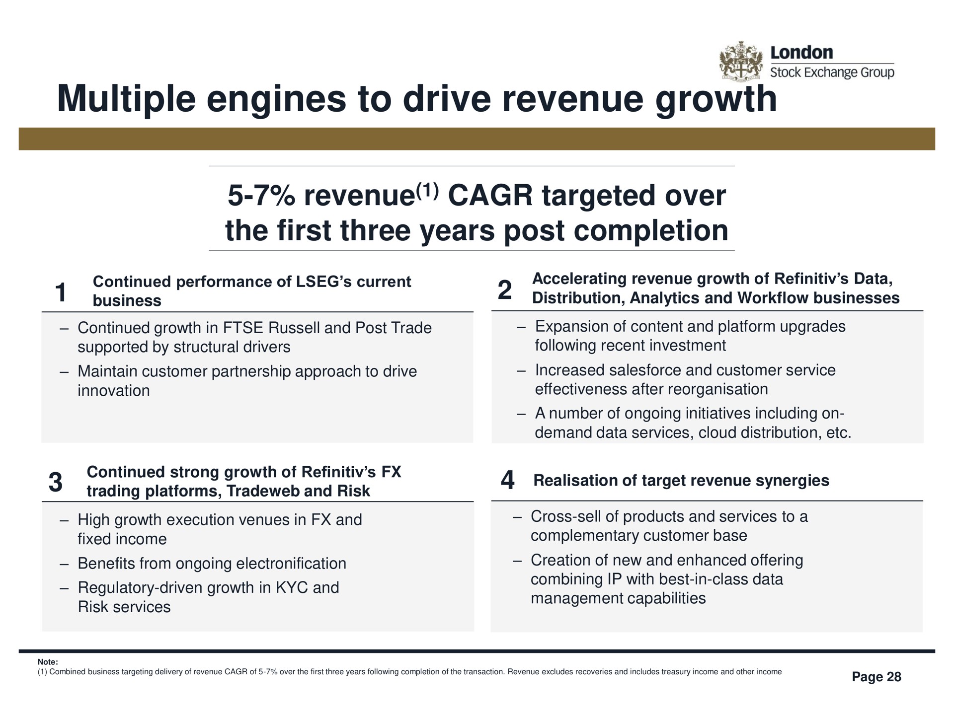 multiple engines to drive revenue growth targeted over the first three years post completion | LSE