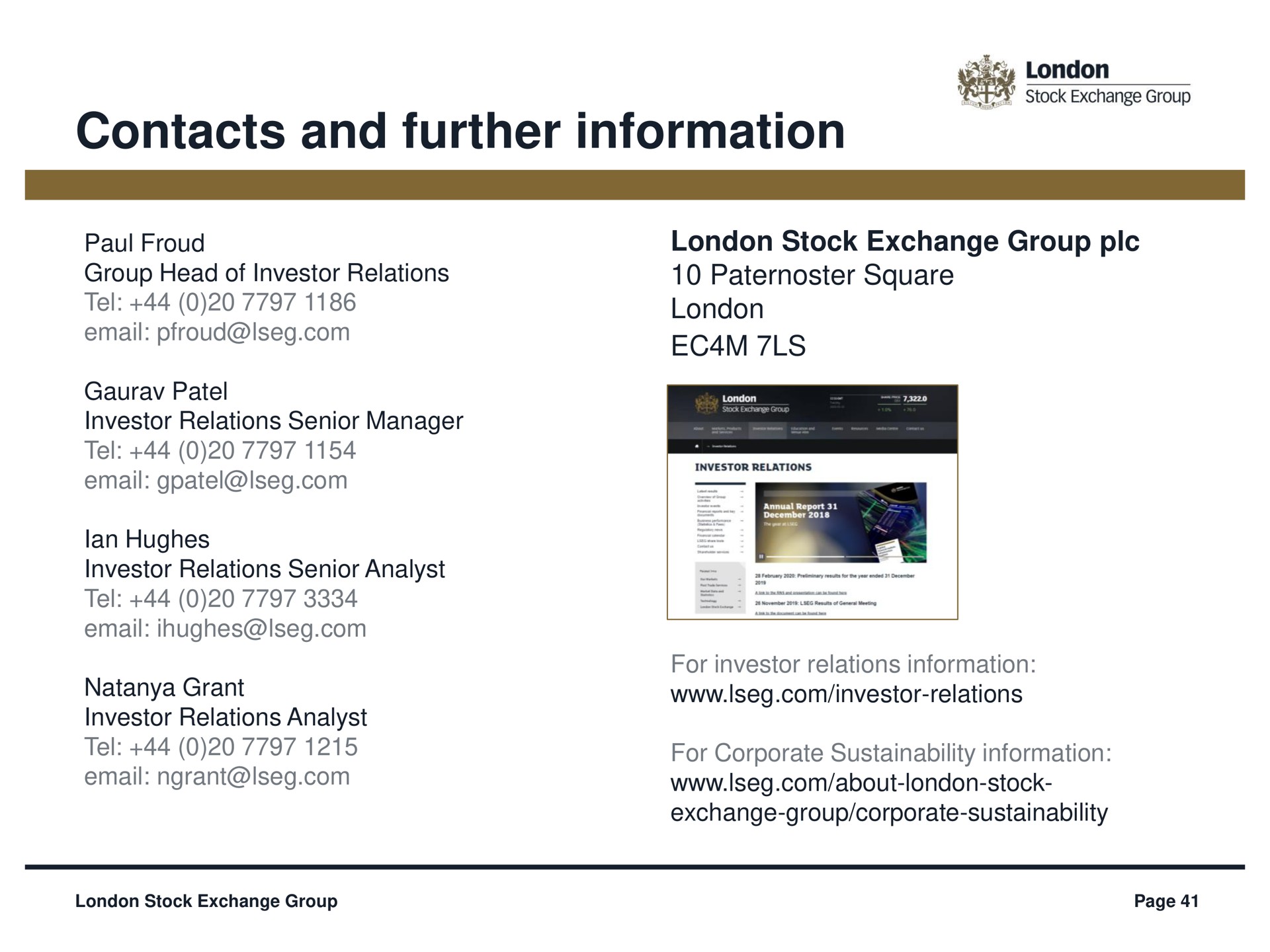 contacts and further information | LSE