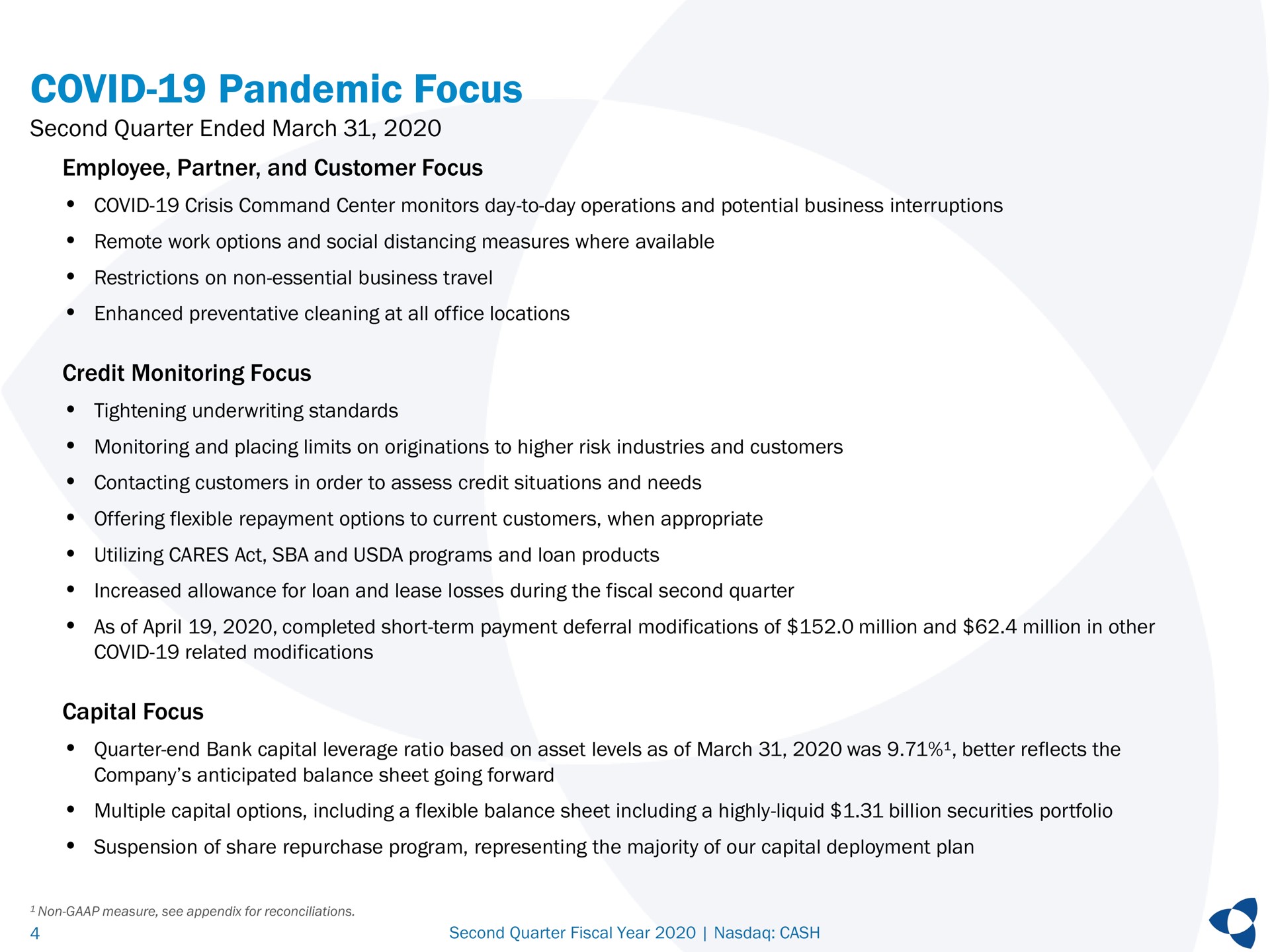 covid pandemic focus second quarter ended march employee partner and customer focus credit monitoring focus capital focus | Pathward Financial