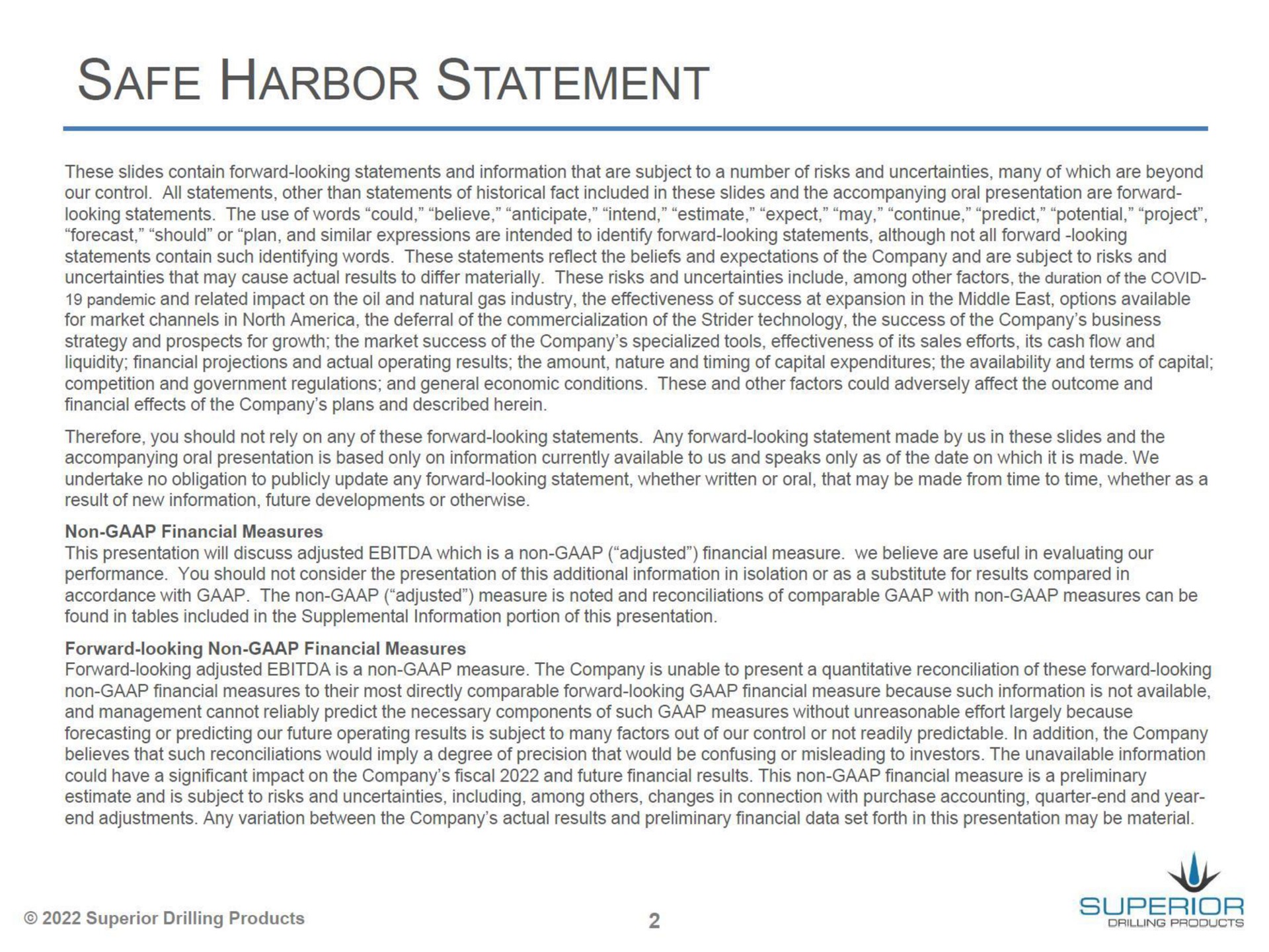 safe harbor statement | Superior Drilling Products