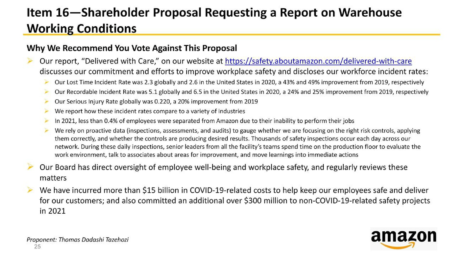 item shareholder proposal requesting a report on warehouse working conditions | Amazon