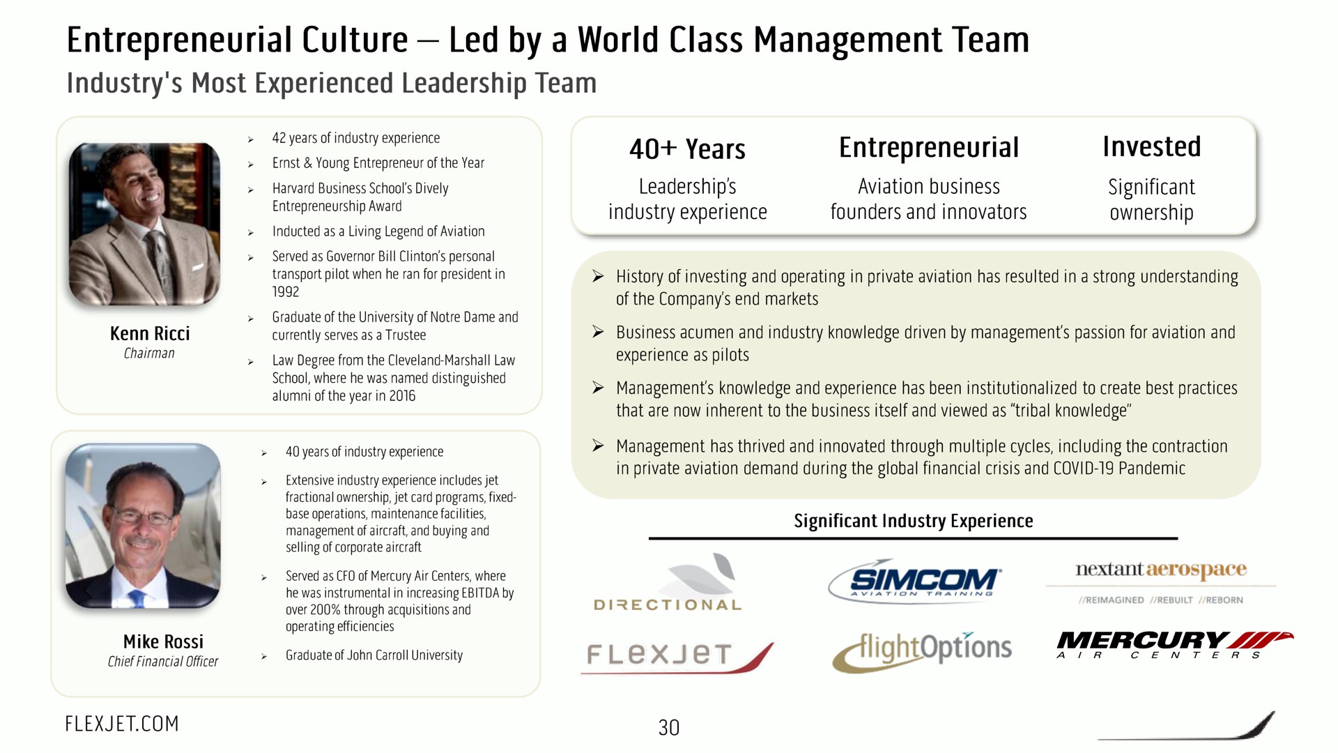 entrepreneurial culture led by a world class management team industry most experienced leadership team years entrepreneurial invested | FlexJet